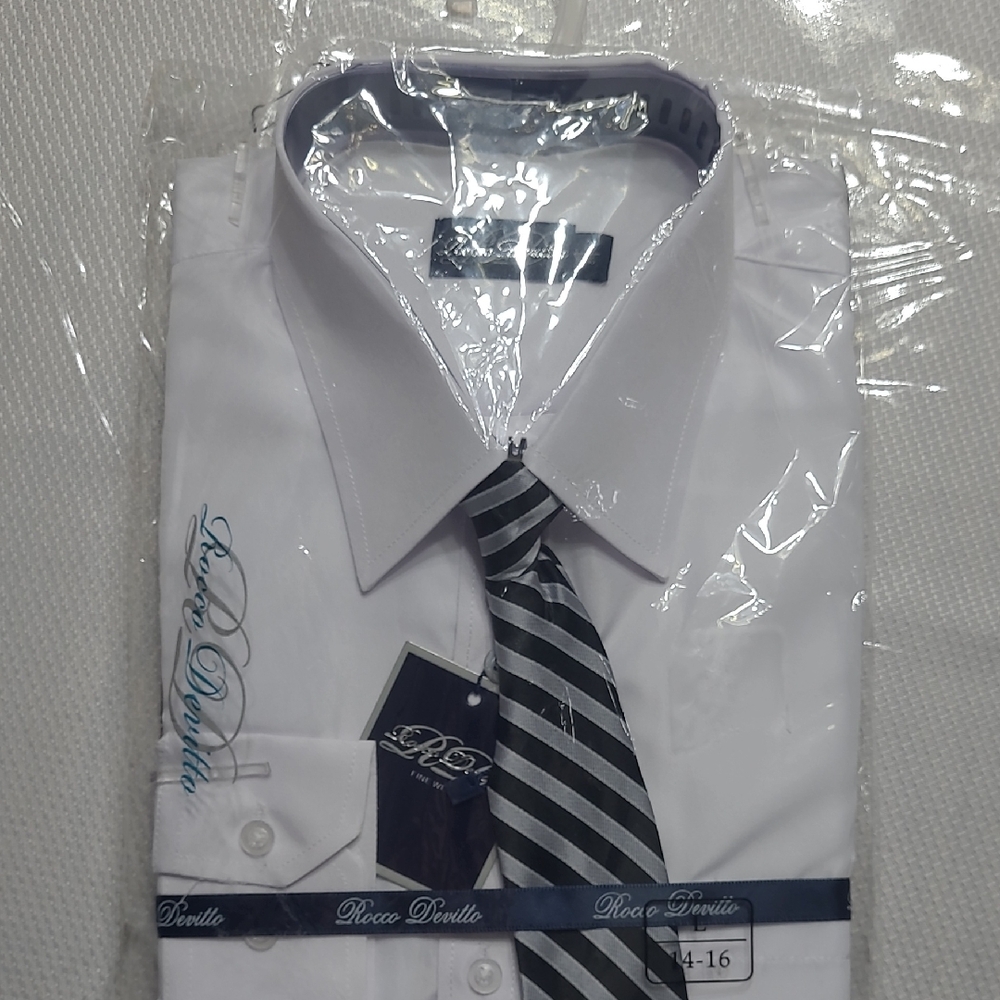 White Kids Dress Button Down Shirt with Tie, Large